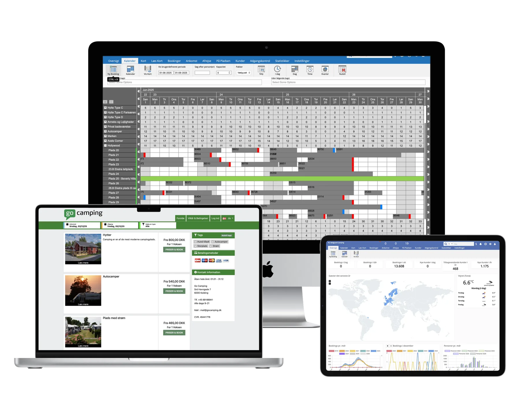 Gocamping-platformen vist på flere skærme: booking-kalender, booking-website og dashboard med kort og statistik